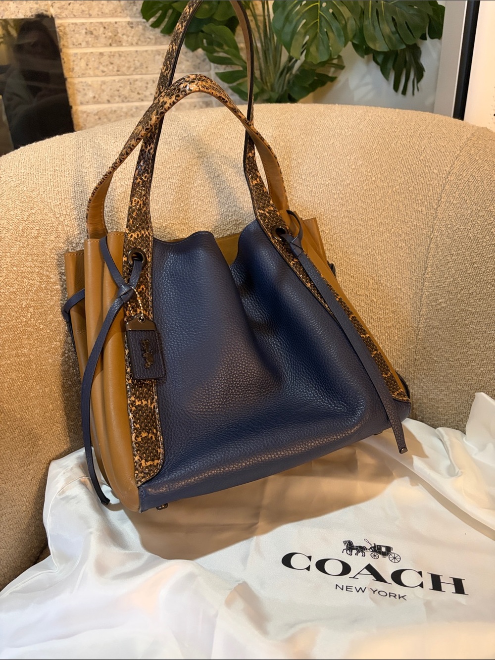 Coach Navy and Tan Pebbled Leather Shoulder Bag- Snake Skin Handles and Detail
